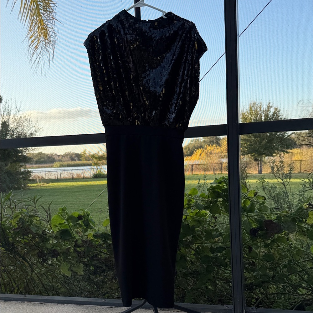 Express Midnight Sequin draped mock neck Midi she… - image 2